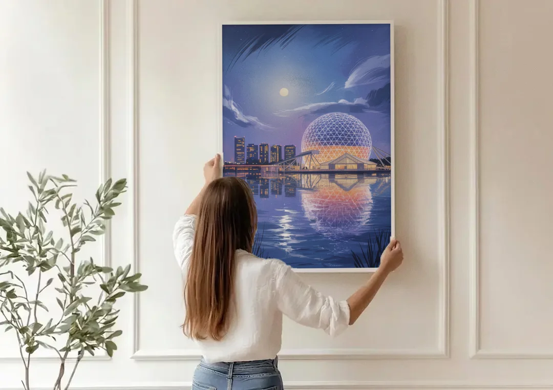 Science World at Night canvas wall art being hung on a paneled wall