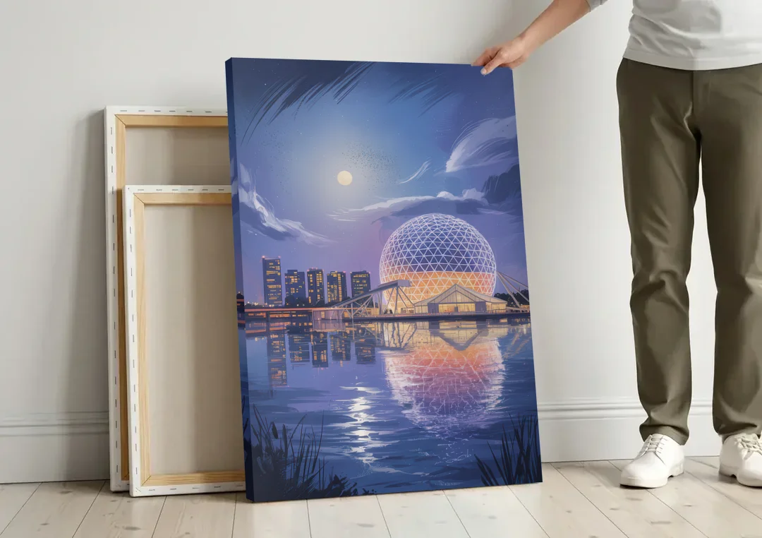 Science World at Night canvas wall art leaning against a wall next to blank canvases