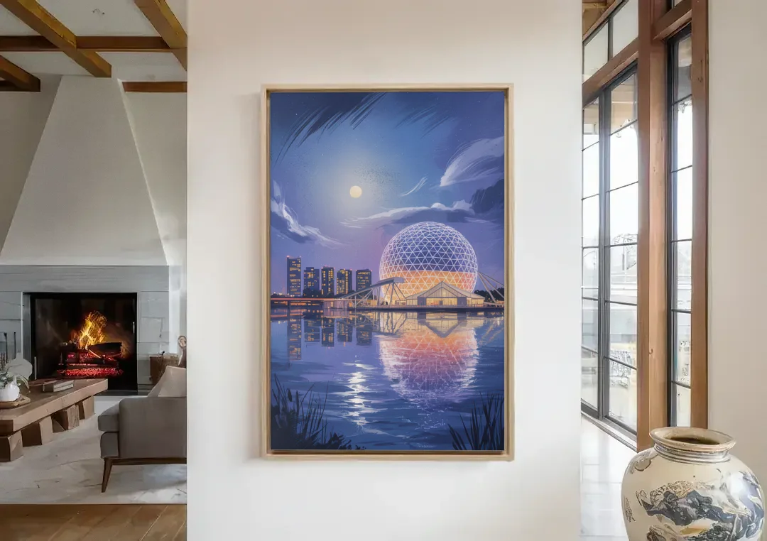 Science World at Night canvas wall art in a living room with a fireplace