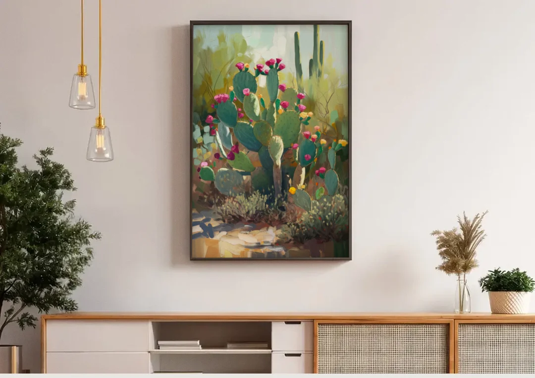 Scottsdale Cactus Bloom canvas wall art above a wooden sideboard under pendant lights