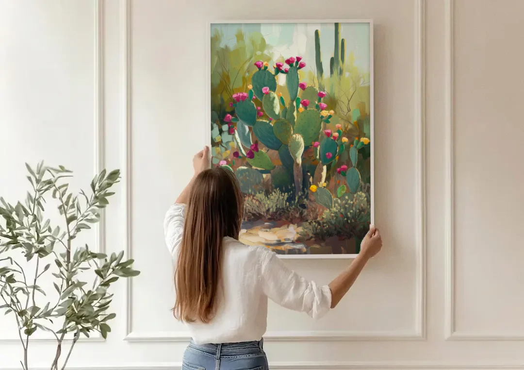 Scottsdale Cactus Bloom canvas wall art being hung on a paneled wall