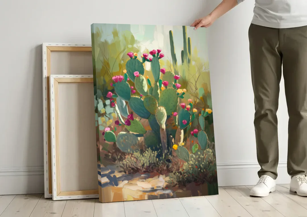 Scottsdale Cactus Bloom canvas wall art leaning against a wall next to blank canvases
