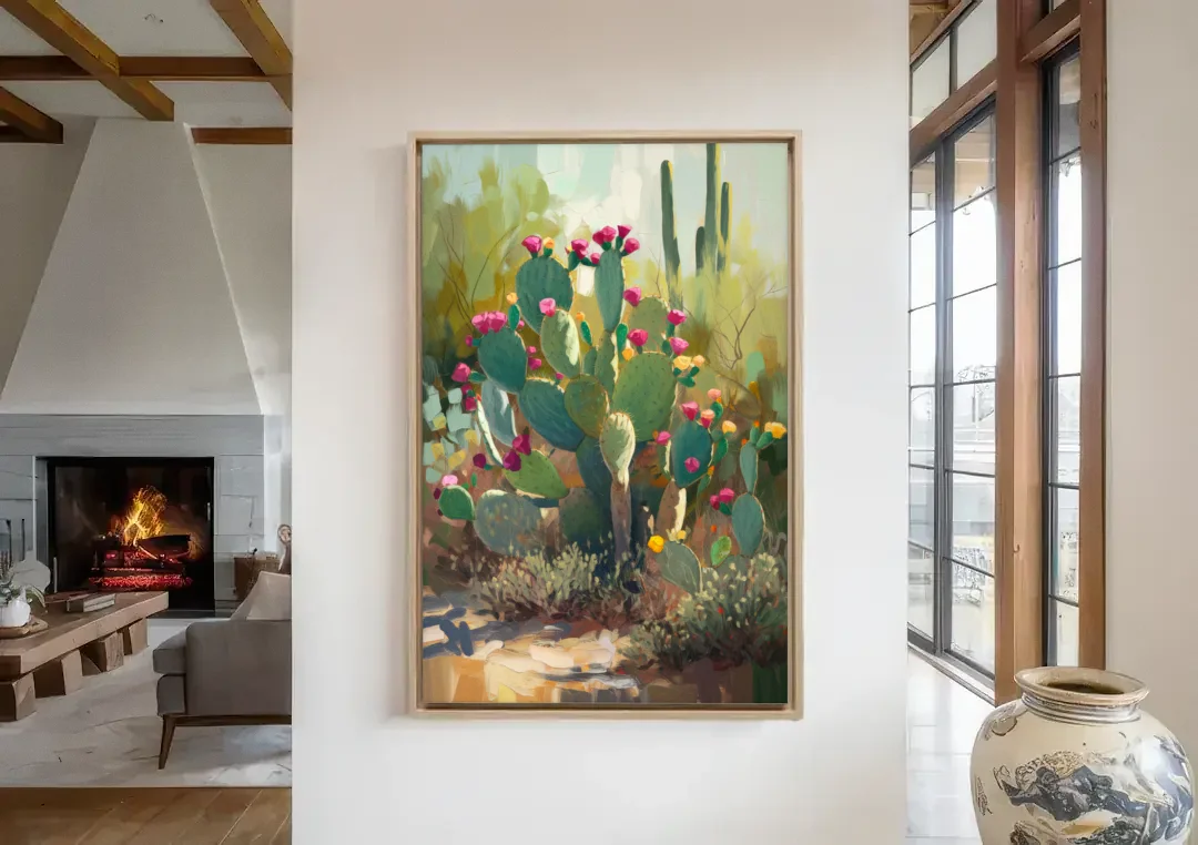 Scottsdale Cactus Bloom canvas wall art in a living room with a fireplace