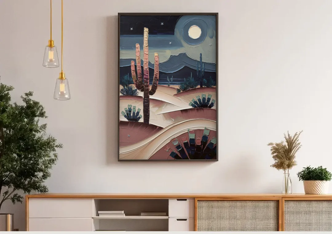 Scottsdale Desert Nights canvas wall art above a wooden sideboard under pendant lights