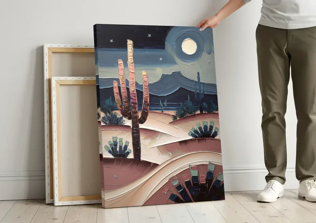 Scottsdale Desert Nights canvas wall art leaning against a wall next to blank canvases