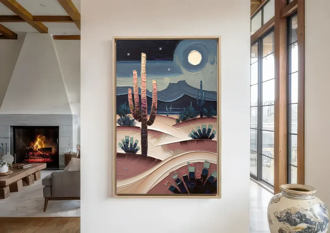 Scottsdale Desert Nights canvas wall art in a living room with a fireplace