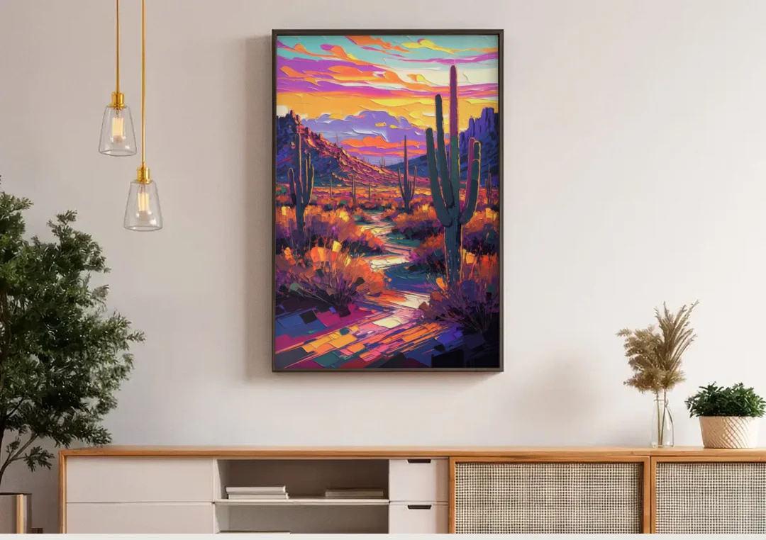 Scottsdale Desert Sunset canvas wall art above a wooden sideboard under pendant lights