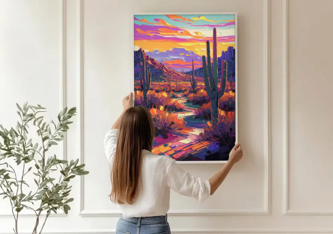 Scottsdale Desert Sunset canvas wall art being hung on a paneled wall