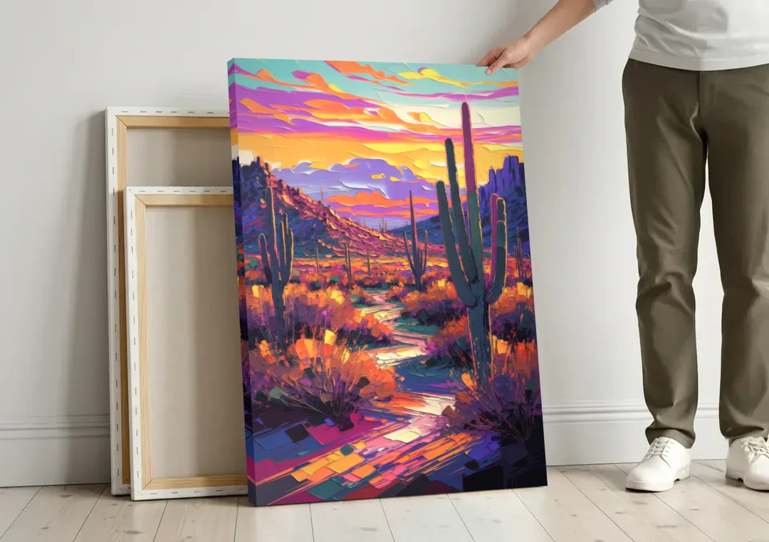 Scottsdale Desert Sunset canvas wall art leaning against a wall next to blank canvases