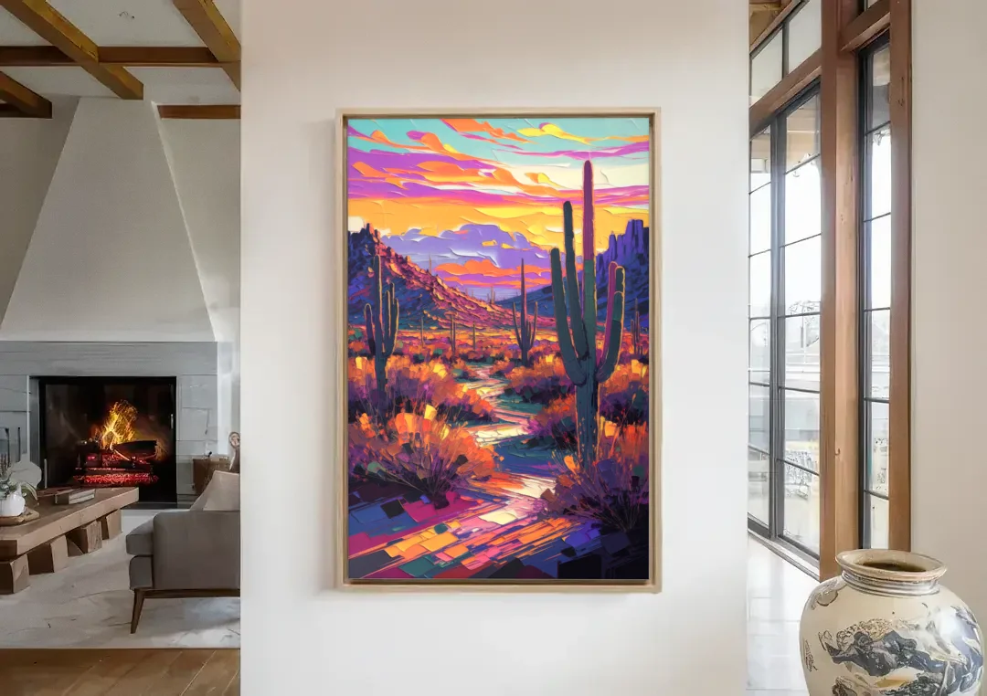 Scottsdale Desert Sunset canvas wall art in a living room with a fireplace