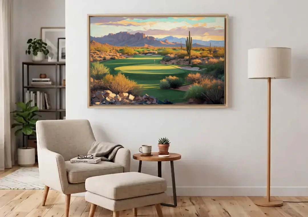 Scottsdale Golf Paradise canvas wall art above an armchair in a bright living room
