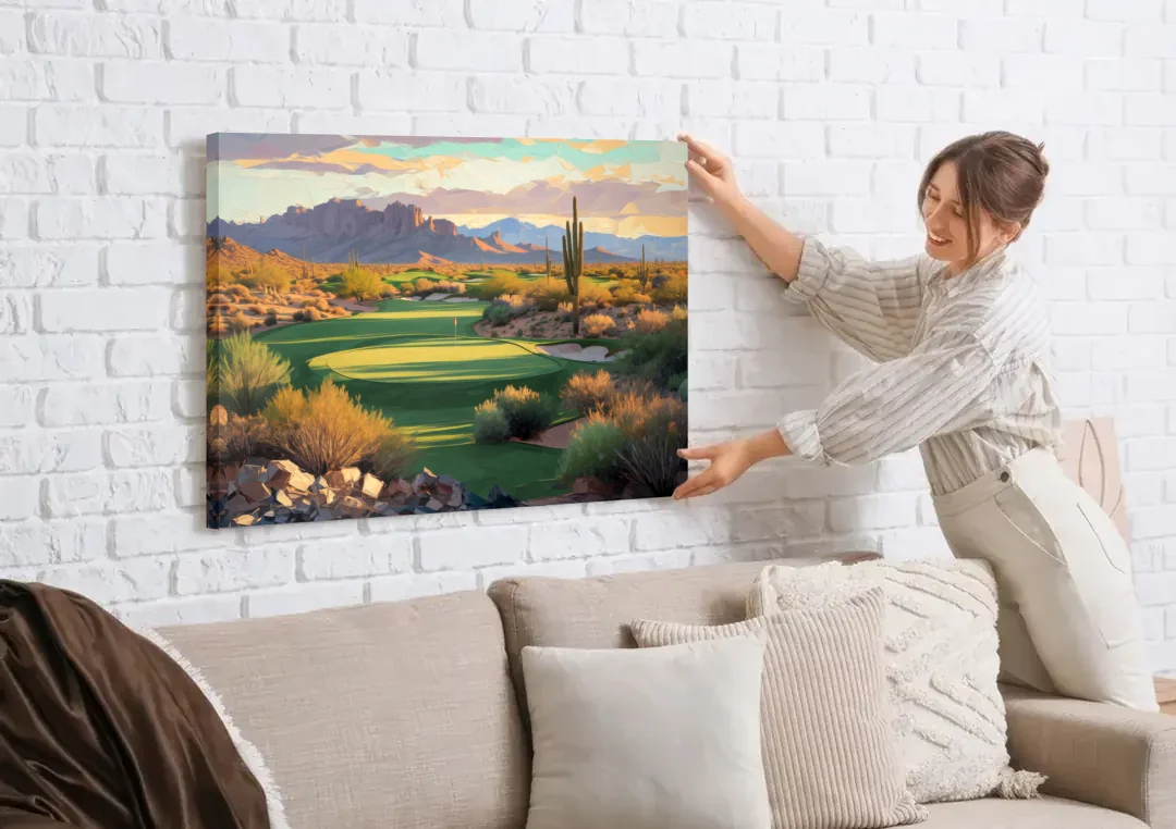 Scottsdale Golf Paradise canvas wall art being hung on a white brick wall above a sofa