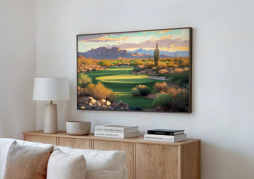 Scottsdale Golf Paradise canvas wall art above a wooden sideboard next to a sofa