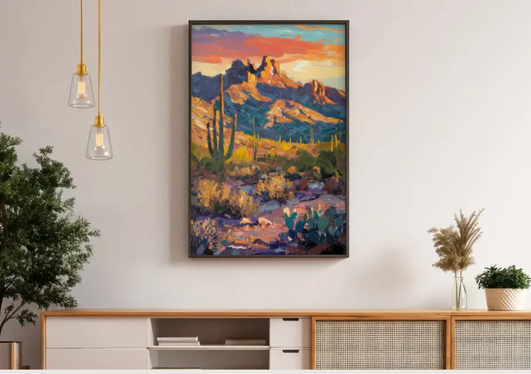 Scottsdale Mountain Views canvas wall art above a wooden sideboard under pendant lights