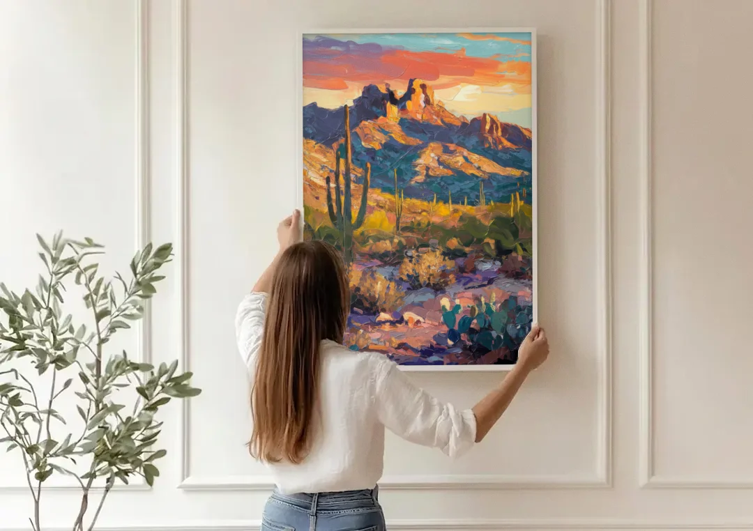 Scottsdale Mountain Views canvas wall art being hung on a paneled wall
