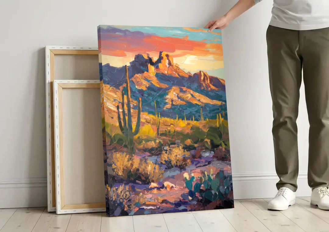 Scottsdale Mountain Views canvas wall art leaning against a wall next to blank canvases