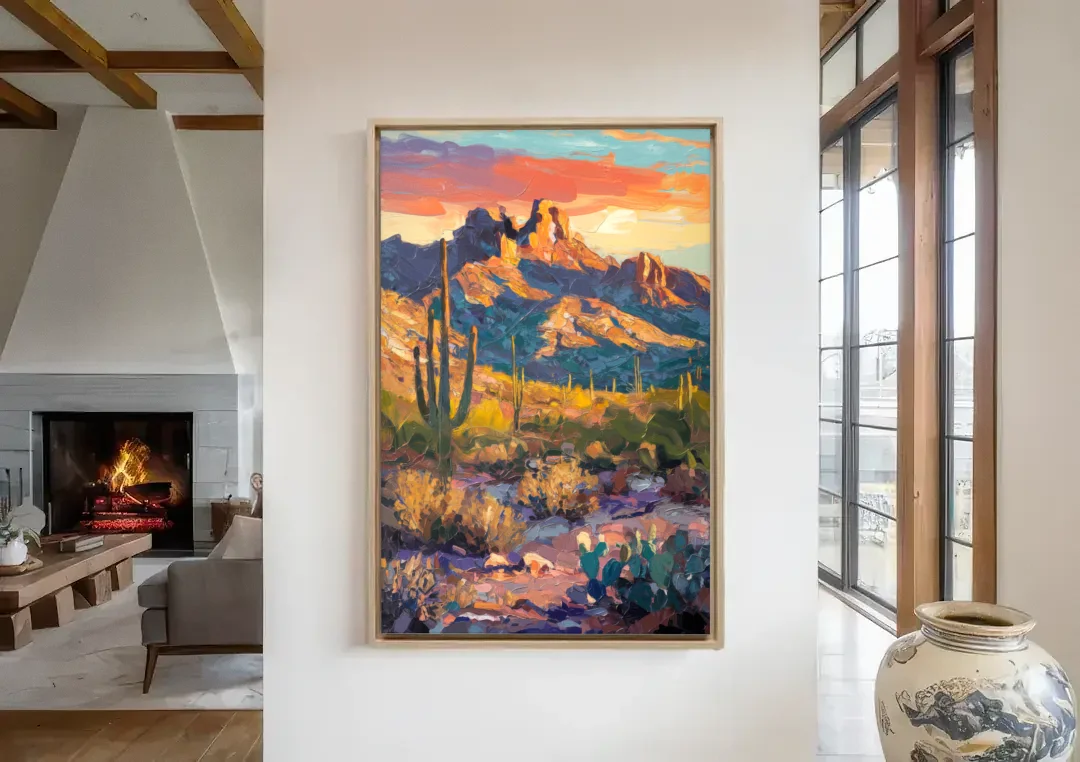 Scottsdale Mountain Views canvas wall art in a living room with a fireplace