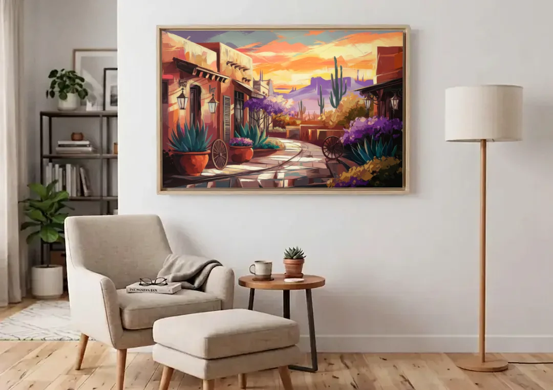 Scottsdale Old Town Charm canvas wall art above an armchair in a bright living room