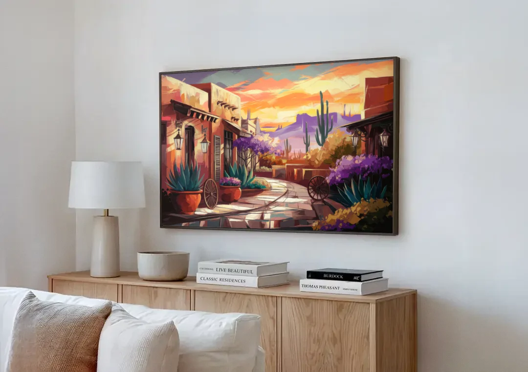 Scottsdale Old Town Charm canvas wall art above a wooden sideboard next to a sofa