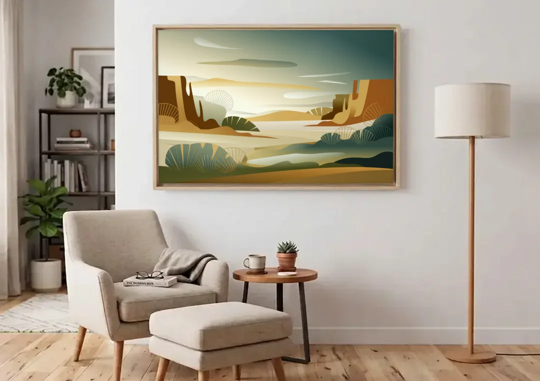Scottsdale Sonoran Serenity canvas wall art above an armchair in a bright living room