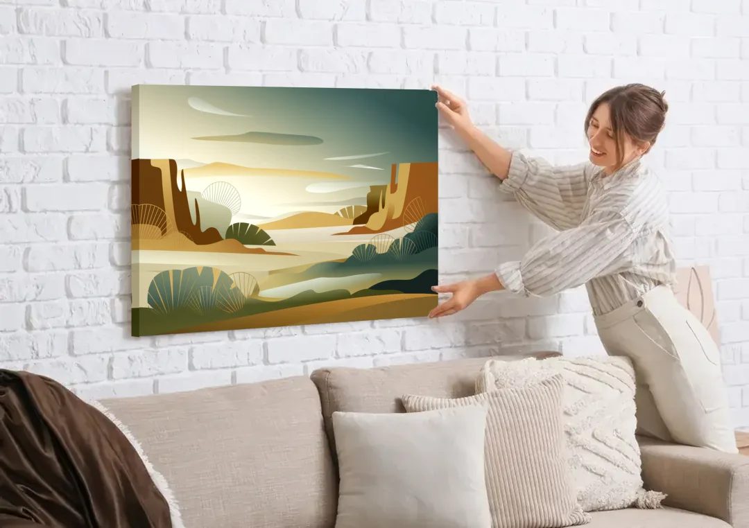 Scottsdale Sonoran Serenity canvas wall art being hung on a white brick wall above a sofa