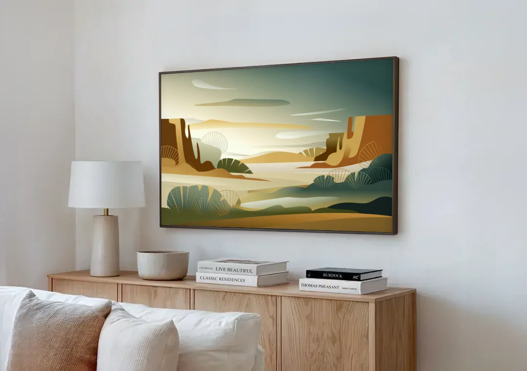 Scottsdale Sonoran Serenity canvas wall art above a wooden sideboard next to a sofa