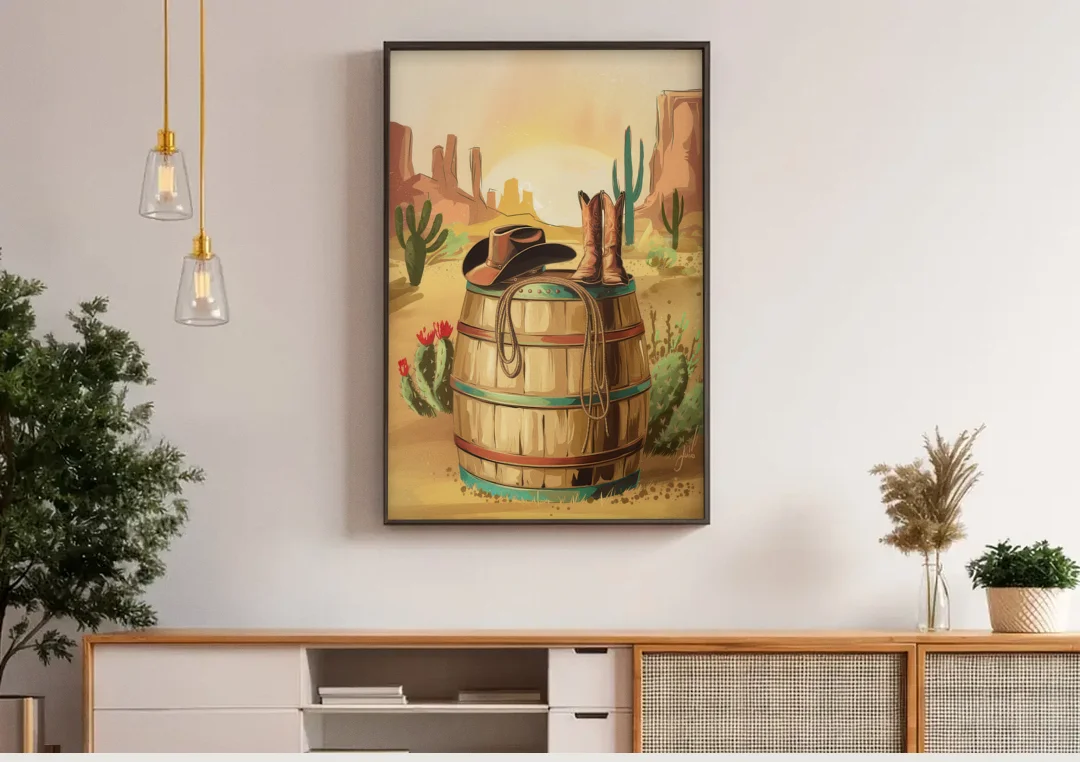 Scottsdale Western Heritage canvas wall art above a wooden sideboard under pendant lights
