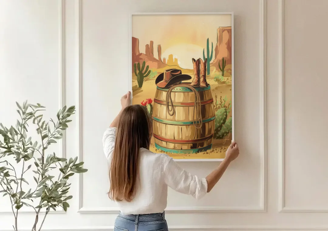 Scottsdale Western Heritage canvas wall art being hung on a paneled wall