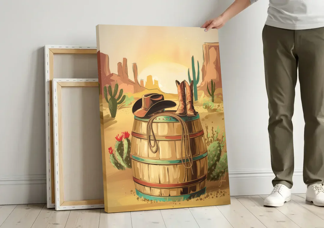 Scottsdale Western Heritage canvas wall art leaning against a wall next to blank canvases