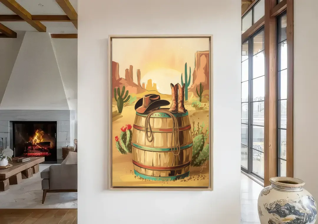 Scottsdale Western Heritage canvas wall art in a living room with a fireplace