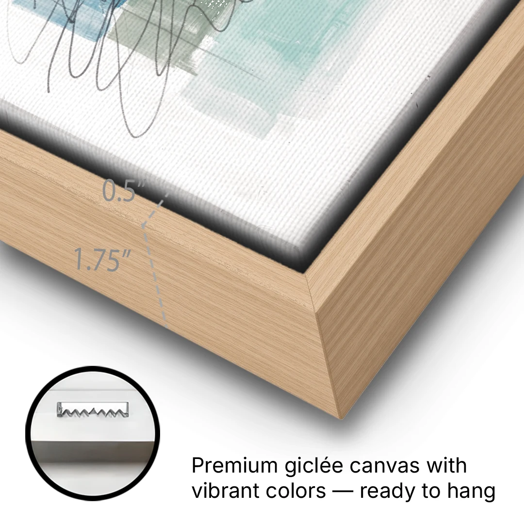 Scribble Abstract Art on Stacked Pastel Bands - Oak Framed Canvas Wall Art - Gallery Wrap Corner