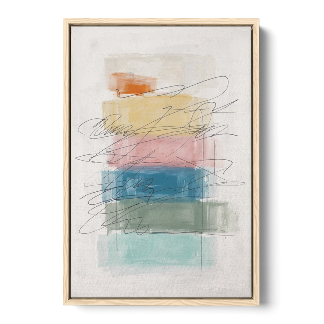 Scribble Abstract Art on Stacked Pastel Bands - Oak Framed Canvas Wall Art - Front