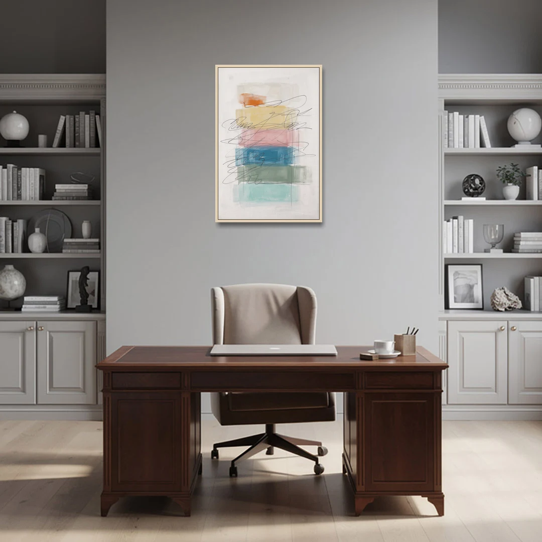 Scribble Abstract Art on Stacked Pastel Bands - Oak Framed Canvas Wall Art - Office - 24x36