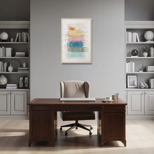 Scribble Abstract Art on Stacked Pastel Bands - Oak Framed Canvas Wall Art - Office - 24x36