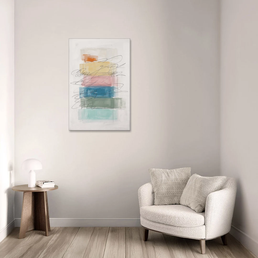 Scribble Abstract Art on Stacked Pastel Bands - Canvas Wall Art - Sofa - 24x36
