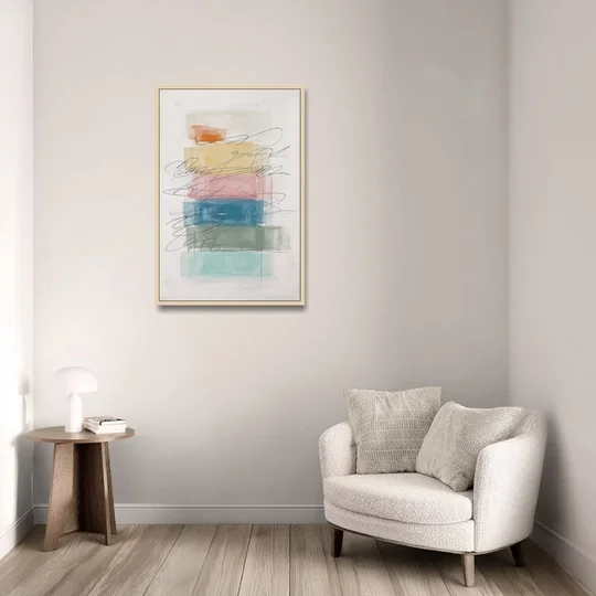 Scribble Abstract Art on Stacked Pastel Bands - Oak Framed Canvas Wall Art - Sofa - 24x36