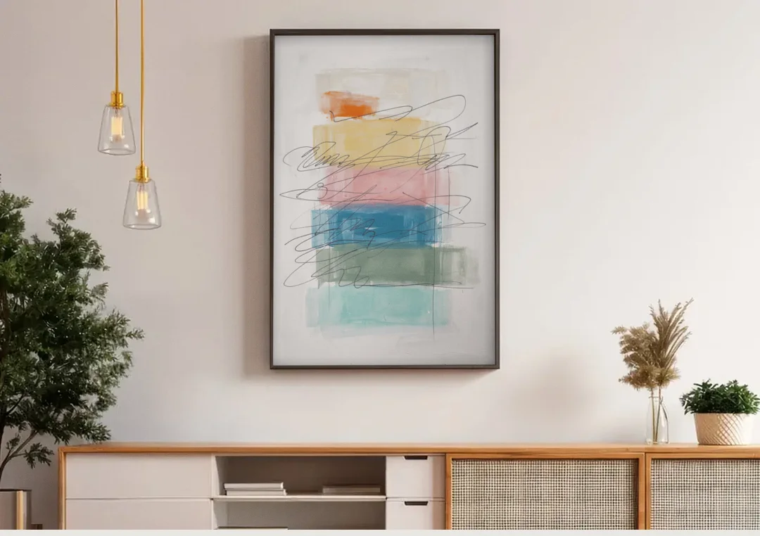 Scribble Abstract Art on Stacked Pastel Bands canvas wall art above a wooden sideboard under pendant lights