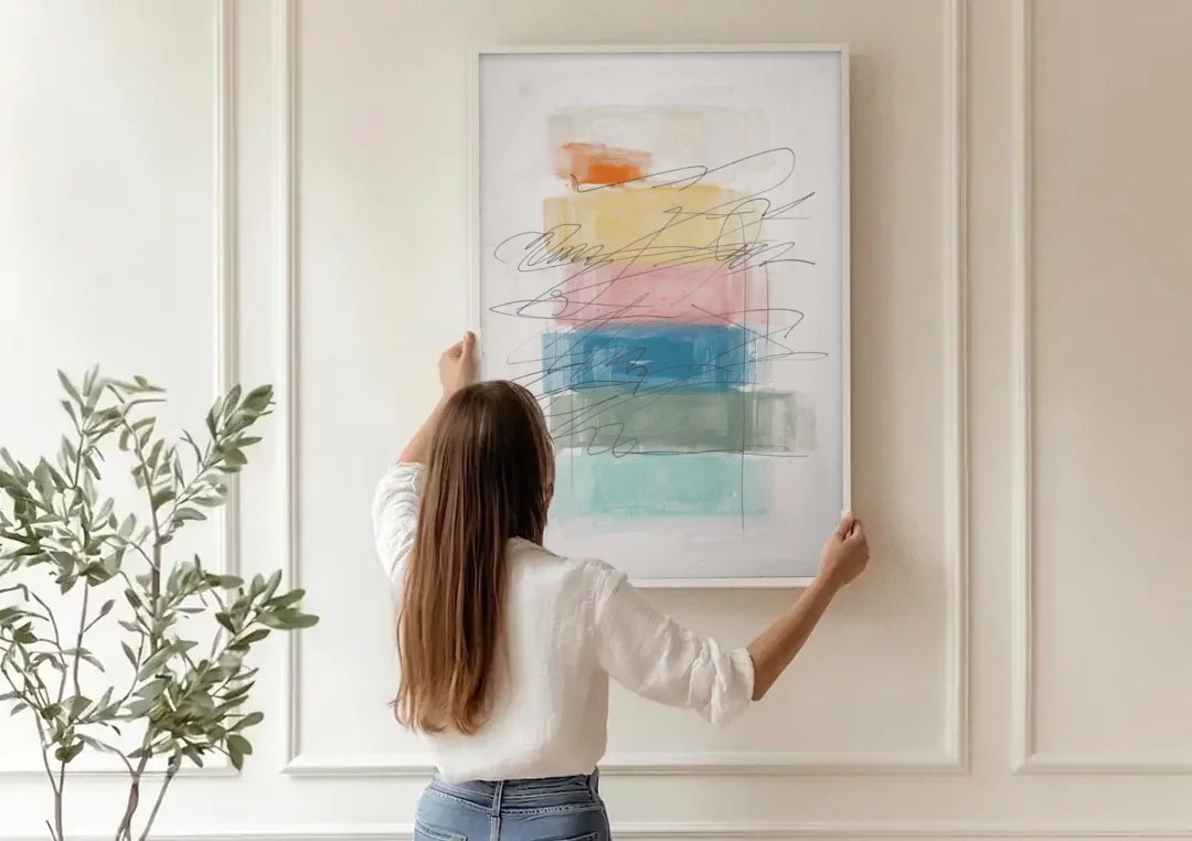 Scribble Abstract Art on Stacked Pastel Bands canvas wall art being hung on a paneled wall
