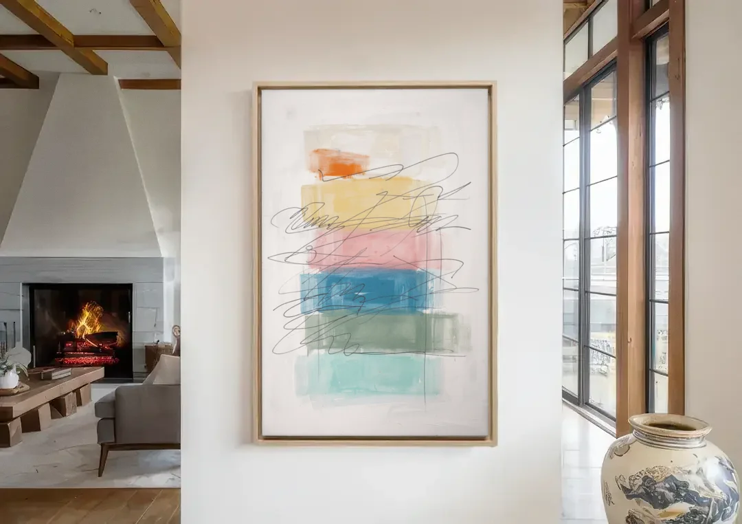 Scribble Abstract Art on Stacked Pastel Bands canvas wall art in a living room with a fireplace