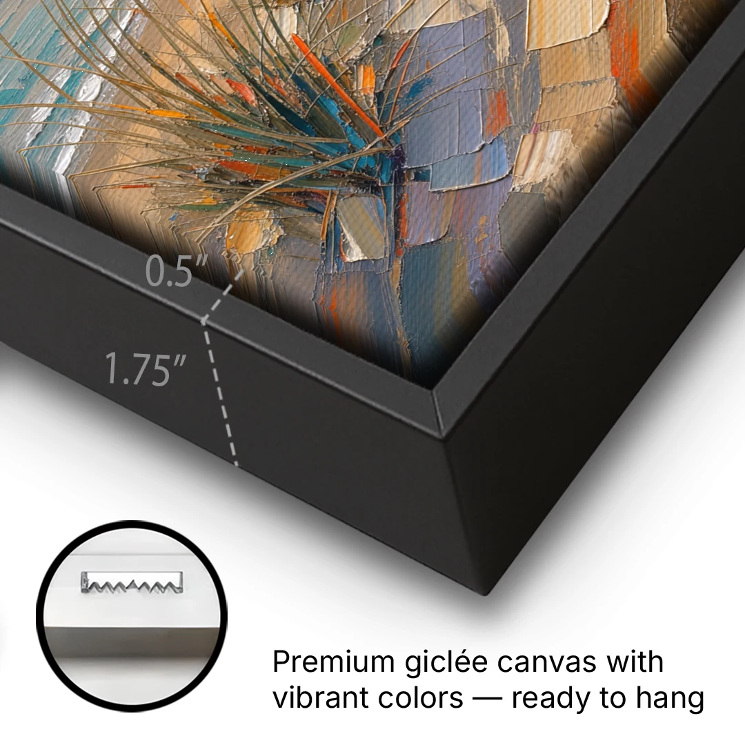 Sea Grass Painting at Golden Hour - Black Framed Canvas Wall Art - Gallery Wrap Corner