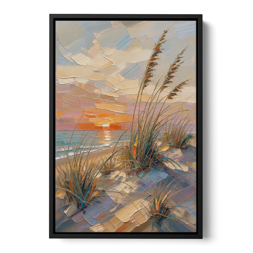Sea Grass Painting at Golden Hour - Black Framed Canvas Wall Art - Front