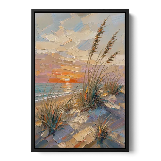 Sea Grass Painting at Golden Hour - Black Framed Canvas Wall Art - Front