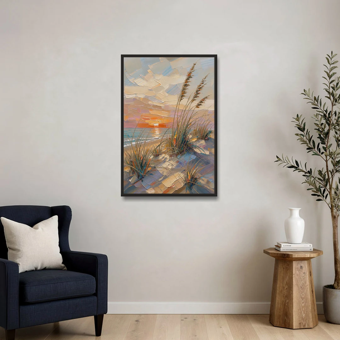 Sea Grass Painting at Golden Hour - Black Framed Canvas Wall Art - Sofa - 24x36