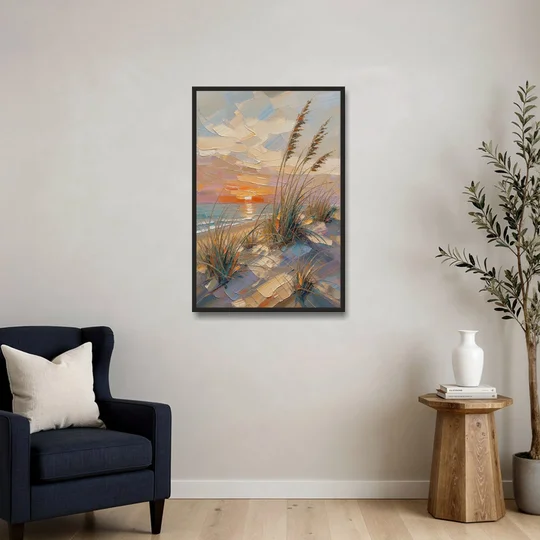 Sea Grass Painting at Golden Hour - Black Framed Canvas Wall Art - Sofa - 24x36