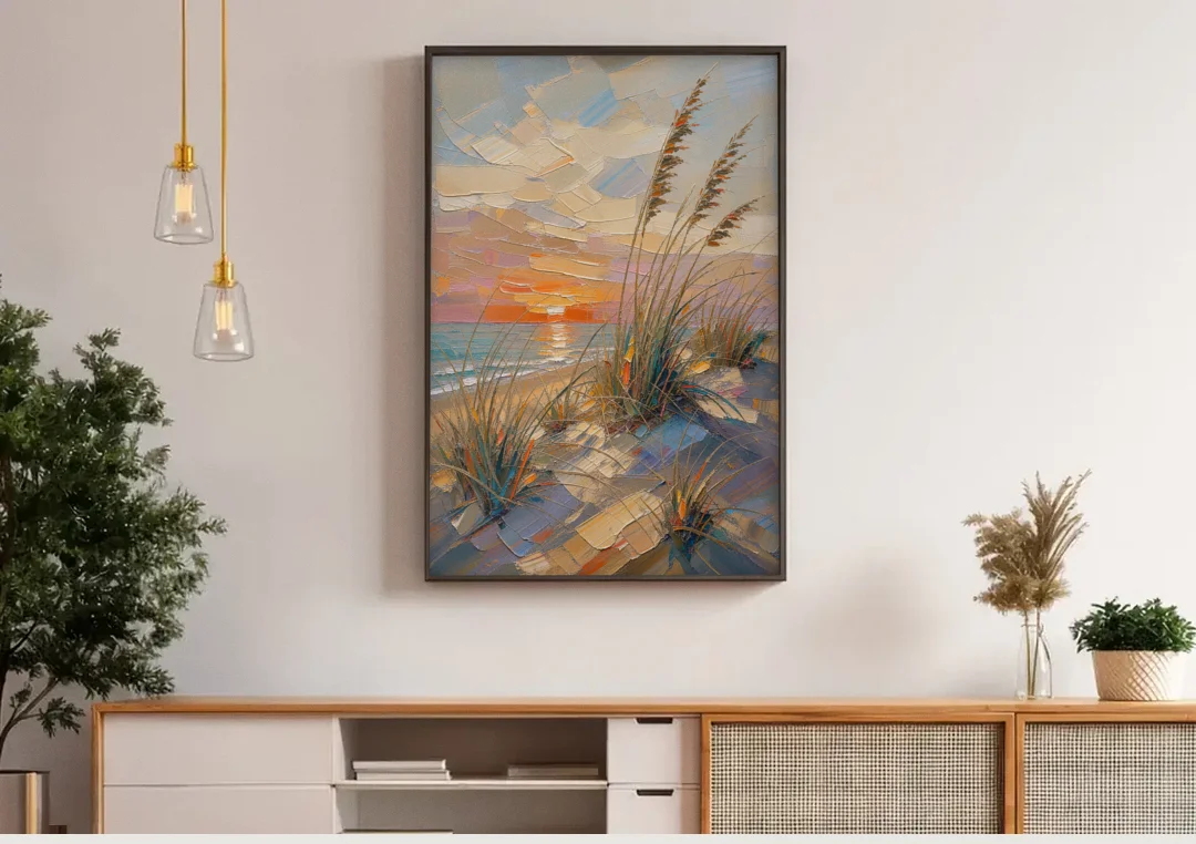 Sea Grass Painting at Golden Hour canvas wall art above a wooden sideboard under pendant lights
