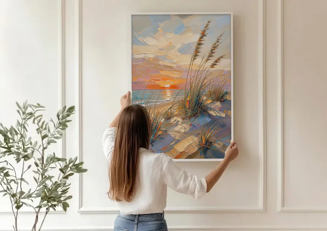 Sea Grass Painting at Golden Hour canvas wall art being hung on a paneled wall