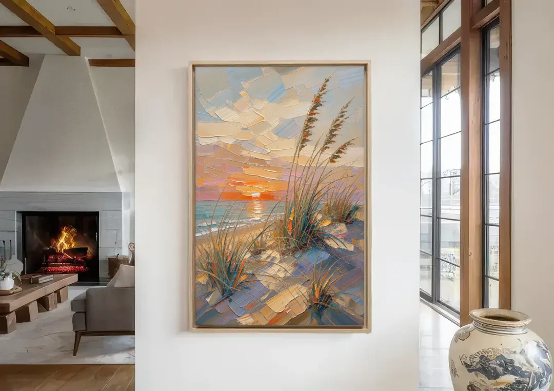 Sea Grass Painting at Golden Hour canvas wall art in a living room with a fireplace