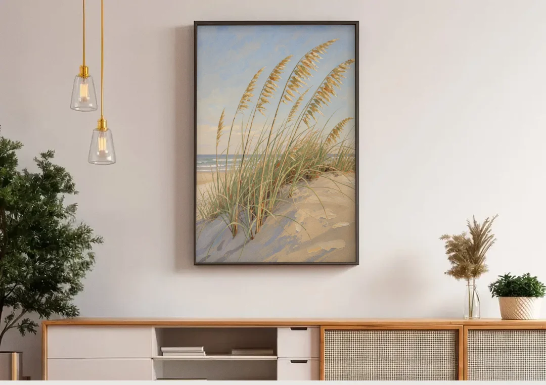 Sea Grass Wall Art with Golden Sea Oats canvas wall art above a wooden sideboard under pendant lights