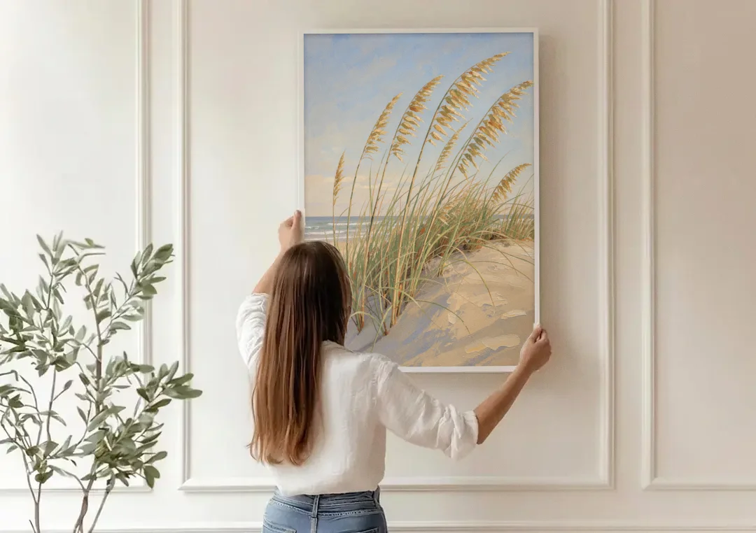 Sea Grass Wall Art with Golden Sea Oats canvas wall art being hung on a paneled wall