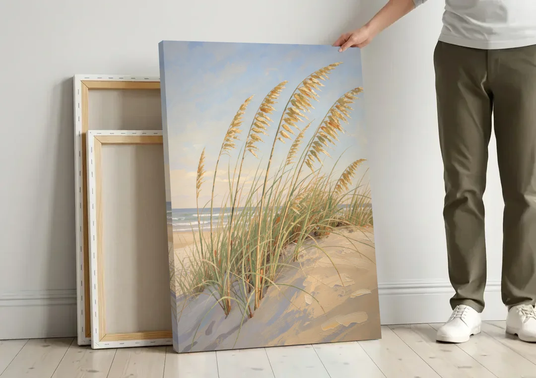 Sea Grass Wall Art with Golden Sea Oats canvas wall art leaning against a wall next to blank canvases